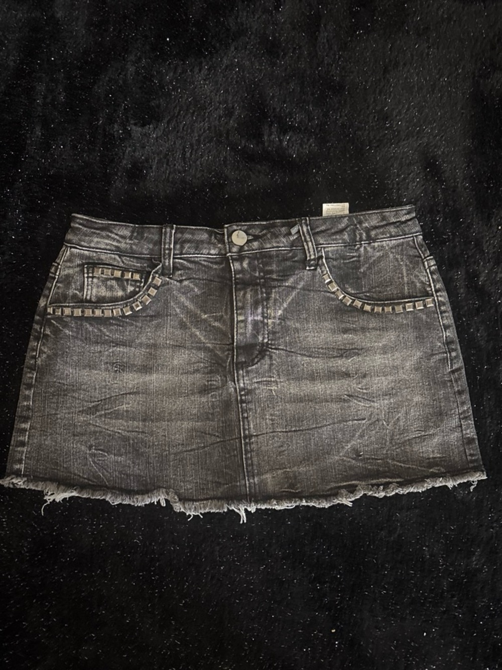 ROMWE Black Washed Denim Mini Skirt with Stud Trim